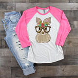 Bunny With Leopard Glasses Easter Sublimation Transfer, cute bunny wearing leopard-print glasses and colorful floral accents on its head, pink and white long-sleeve shirt.