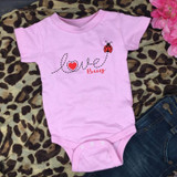 Love Bug INFANT Screen Print Heat Transfer, pink baby onesie with love bug graphic and text design