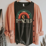Moonchild Rainbow Screen Print Heat Transfer, black T-shirt with colorful celestial rainbow design and moon symbols.