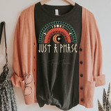 Just a Phase Rainbow Screen Print Heat Transfer, colorful rainbow design with moon and stars on black t-shirt