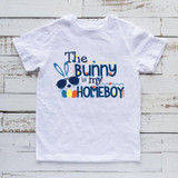 The Bunny Is My Homeboy Sublimation Transfer, white T-shirt with colorful print of a bunny wearing sunglasses and playful text.