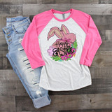 Hoppy Easter Bunny Sublimation Transfer, a pink and white long sleeve shirt with a bunny and floral Easter design.
