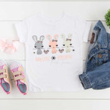 Bunny Kisses Easter Wishes Sublimation Transfer, white T-shirt with adorable bunny graphic design for Easter celebration.