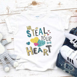 Mr Steal Your Heart Sublimation Transfer, white T-shirt with colorful heart and text design for personalized printing.