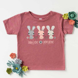 Bunny Kisses Easter Wishes YOUTH Screen Print Heat Transfer, pink children's T-shirt with cute bunny graphic design and festive Easter message.