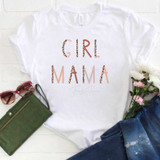 Girl Mama Sublimation Transfer, white T-shirt with 'GIRL MAMA' printed in pink and leopard print letters, alongside sunglasses, a green wallet, jeans, and a bouquet of flowers.
