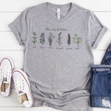 Miracles Of Nature Screen Print Heat Transfer, grey t-shirt with botanical illustrations and handwritten style text design.