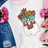 Hippie Chicken Sublimation Transfer, colorful chicken wearing sunglasses with floral design on a white T-shirt.