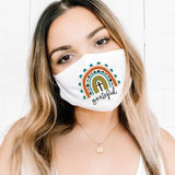 Grateful Rainbow Sublimation Transfer, image of a woman wearing a face mask with a colorful rainbow and 'grateful' written on it.