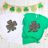 Lace 4 Leaf Clover Sublimation Transfer, green and black lace designed four-leaf clover on t-shirts with st. patrick's day decorations.