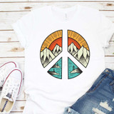 Peace Sign Mountain Scene Sublimation Transfer, T-shirt with mountain and lake landscape design inside a peace symbol.