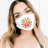 Stay Groovy Sublimation Transfer, printed on a white face mask with colorful flower design and bold orange and red text.
