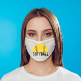 Softball Sublimation Transfer, a face mask featuring a colorful softball graphic with the word 'SOFTBALL' in bold black letters.