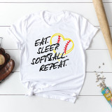 Eat Sleep Softball Repeat Sublimation Transfer T-shirt, a white T-shirt with a softball-themed graphic and text.
