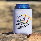 Eat Sleep Softball Repeat Sublimation Transfer, a sports-themed can cooler with a baseball heart design and the motivational text 'Eat Sleep Softball Repeat' on a beach setting.