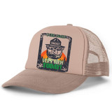 Smoke Danger Festival Sublimation Transfer, cap with graphic design featuring a bear wearing a hat with the text 'SMOKEY' and the phrases 'VERY HIGH TODAY!' in bright colors.