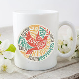 Hope Peace Love Dove Sublimation Transfer, white mug with colorful design featuring a dove and words of kindness and positivity.