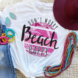 Don't Worry Beach Happy Sublimation Transfer, white T-shirt with pink beach sunset and palm tree design and text.