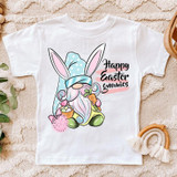 Happy Easter Gnomies YOUTH Screen Print Heat Transfer, a cute illustrated Easter gnome with bunny ears holding carrots on a white t-shirt.