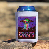 Out Of This World Sublimation Transfer, vibrant holographic UFO and alien spaceship design with colorful rainbow effect on a can koozie.