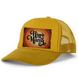 Hippie Mama HAT/POCKET Screen Print Heat Transfer, yellow trucker hat with a retro design and 'Hippie Mama' text on the front.