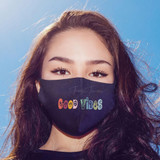 Good Vibes HAT/POCKET Screen Print Heat Transfer, woman wearing a black face mask with colorful 'Good Vibes' text design.