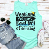 Weekend Forecast Screen Print Heat Transfer, a light blue sleeveless tank top with boat-themed humorous text