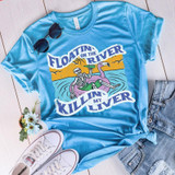 Floatin' On The River Screen Print Heat Transfer, a blue T-shirt with a fun graphic of a skeleton riding a flamingo on water and the text 'Floatin' On The River Killin' My Liver'.