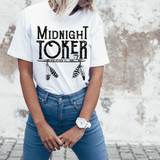 Midnight Toker Sublimation Transfer-1655992655, white T-shirt with black graphic design and text reading 'Midnight Toker', featuring feathers and a stylized arrow.