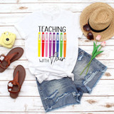 Teaching With Flair Sublimation Transfer, colorful pen design on white T-shirt.
