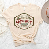 Freddy's Bedtime Tea Screen Print Heat Transfer, graphic design featuring vintage-style label with hat and gun illustrations on a beige T-shirt