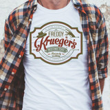 Freddy's Bedtime Tea Screen Print Heat Transfer, graphic design featuring vintage style logo with text and illustrations on a white t-shirt.