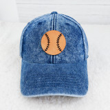 Baseball Softball Leather Hat Patch, Denim baseball cap with a leather patch featuring a baseball design with black stitched seams.