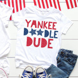 Yankee Doodle Dude Family Set Sublimation Transfer, graphic T-shirt with patriotic red and blue star design and text for family matching outfits.