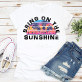 Bring On The Sunshine Sublimation Transfer, T-shirt with a colorful sunset and palm trees design with sun rays, casual white T-shirt for sublimation transfer.