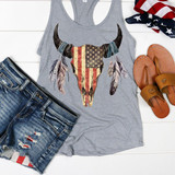 Patriotic Skull Screen Print Heat Transfer, graphic tank top featuring a skull with a Buffalo design painted with American flag colors and patterns, feather accents, patriotic themed casual apparel.