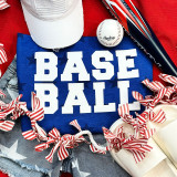 White Baseball Screen Print Heat Transfer, white baseball with red stitches and logo surrounded by red, white, and blue patriotic accessories.