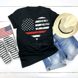 Thin Red Line Heart Screen Print Heat Transfer, patriotic American flag design on black t-shirt with distressed stars and stripes.
