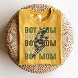 Boy Mom Lightning Bolt Screen Print Heat Transfer, yellow T-shirt with camouflage lightning bolt design layered over the words Boy Mom.