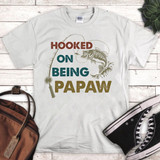 Hooked On Being Papaw Fishing Sublimation Transfer, T-shirt with fishing graphic and text for grandfathers, ideal for fishing enthusiasts and grandfathers.