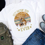Best Buckin Papa Ever Sublimation Transfer T-shirt, featuring a colorful vintage style graphic of a deer with large antlers and the text 'Best Buckin Papa Ever' with stars.
