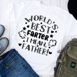 World's Best Farter I Mean Father Humor Funny Sublimation Transfer T-shirt, humorous white t-shirt with playful black text and decorative stars, clouds, and hearts design.