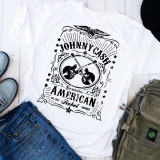 Johnny Cash Guitar Fan Art Label Black Sublimation Transfer, a black and white graphic T-shirt with an artistic design of guitars and musical elements.