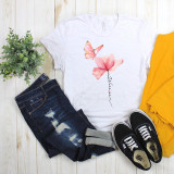 Breast Cancer Butterfly Warrior Flower Watercolor Sublimation Transfer, a white T-shirt with a pink watercolor butterfly and flower design.
