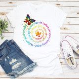 Autism Butterfly Word Spiral Autism Awareness Sublimation Transfer, colorful design on a white T-shirt featuring a butterfly and puzzle piece with an inspirational quote about autism.