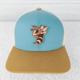 TAN Hornet Mascot Leather Hat Patch, embroidered patch of a cartoon hornet character on a two-tone hat with a light blue crown and a tan brim.