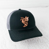 TAN Hornet Mascot Leather Hat Patch, baseball cap with a hornet mascot embroidered on the front, black and gray color scheme, with a mesh back and white stitched brim.