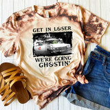 Get In Loser We're Going Ghostin' Fan Art DTF Heat Transfer T-Shirt, with ghostbusters-themed design and vintage car graphic.
