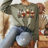 Goth Lattes DTF Heat Transfer, illustrated gothic coffee drinks with skulls and spooky designs on a sweatshirt.