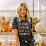 Flannels Hayrides Bonfires Pumpkins Leopard DTF Heat Transfer, a woman wearing a dark T-shirt with colorful leopard print text for fall-themed design.